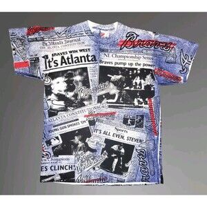 Vtg NOS Atlanta Braves AOP Tee Shirt Size LG Jerzees Tag Newspaper MLB Baseball